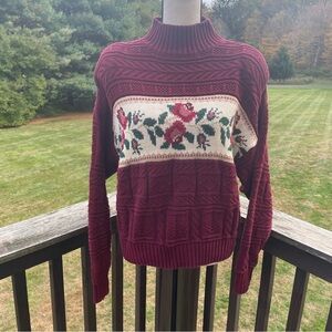 Susan Bristol sweater pullover cotton Victorian floral rose boxy maroon 90s vtg
